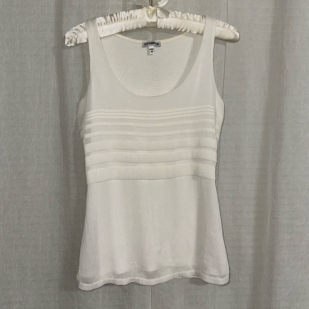 Express XS Ivory Shimmery Pleated Front Tee Back Sleeveless Shell Tank Top